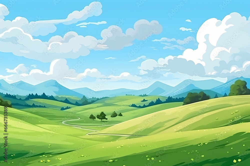 Vast Serenity: Illustration of Grassland, Blue Sky, White Clouds, and Distant Mountains Vast Serenity: Illustration of Grassland, Blue Sky, White Clouds, and Distant Mountains