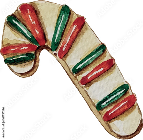 One Christmas gingerbread with red and green stripes in the shape of a Christmas candy cane, vector
