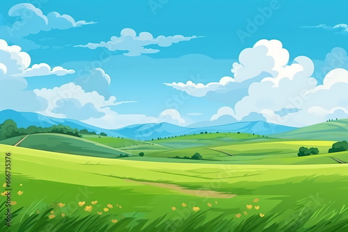 Vast Serenity: Illustration of Grassland, Blue Sky, White Clouds, and Distant Mountains