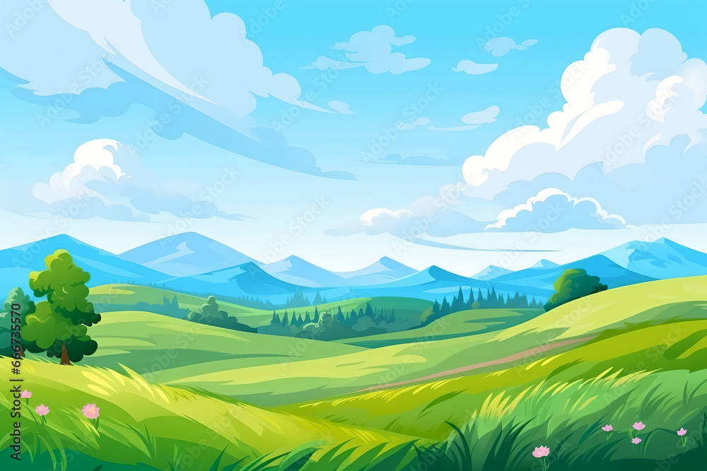 Vast Serenity: Illustration of Grassland, Blue Sky, White Clouds, and Distant Mountains