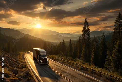 Transportation truck as it journeys along a vast highway, with the sun setting on the horizon. Ai generated © twindesigner