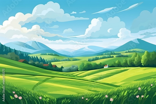 Vast Serenity: Illustration of Grassland, Blue Sky, White Clouds, and Distant Mountains