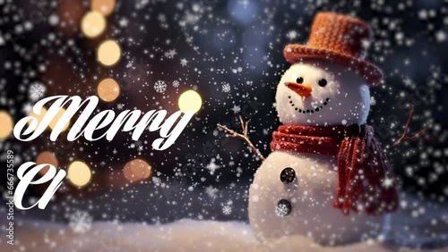 The snowman is smiling, wearing a hat and scarf. Winter and Christmas scene. Motion design photo