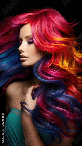 A woman with colorful hair posing for picture. Color brilliance and eye catching hair perfection.