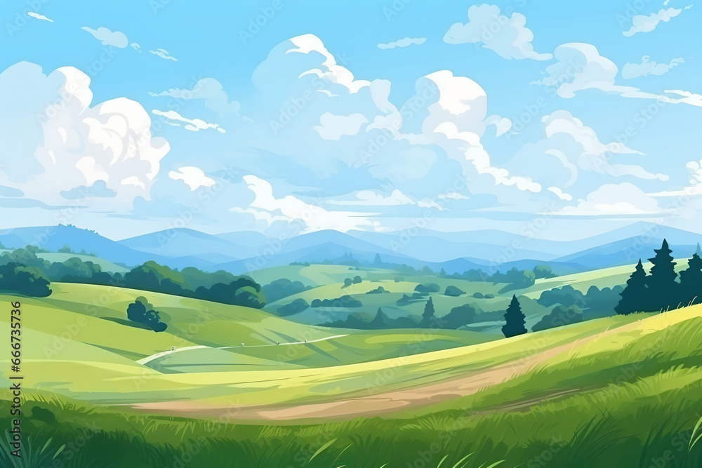 Vast Serenity: Illustration of Grassland, Blue Sky, White Clouds, and Distant Mountains