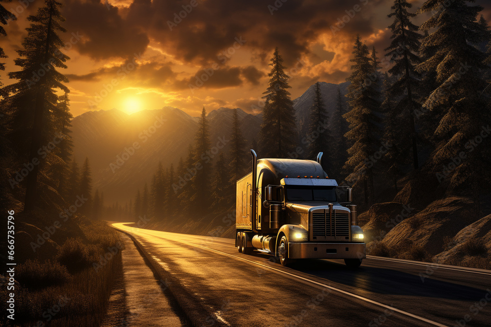 Transportation truck as it journeys along a vast highway, with the sun setting on the horizon. Ai generated Transportation truck as it journeys along a vast highway, with the sun setting on the horizon. Ai generated