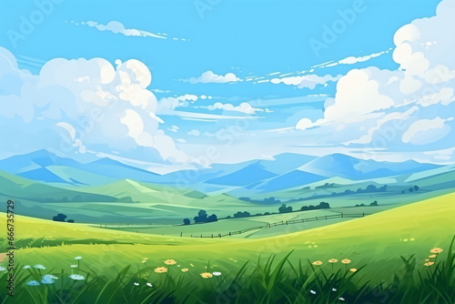 Vast Serenity  Illustration of Grassland  Blue Sky  White Clouds  and Distant Mountains