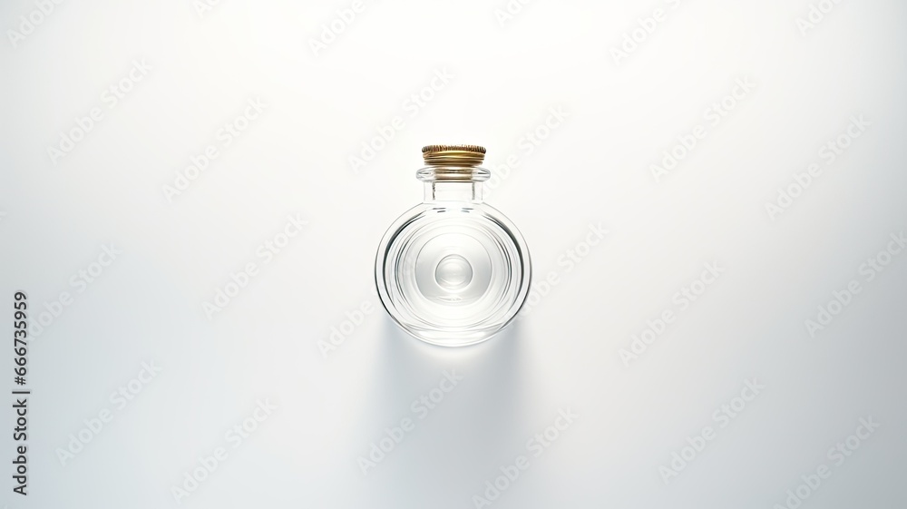 small circular bottle refracting light on a white table. small circular bottle refracting light on a white table.