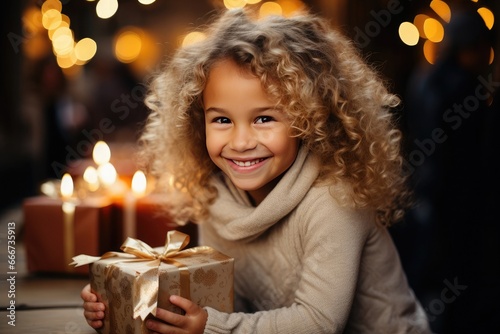 beautiful girl with gift in hands with candles in the background