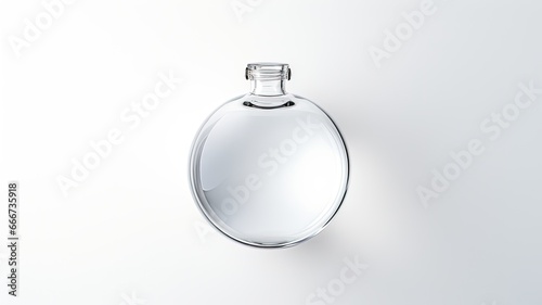 small circular bottle refracting light on a white table.