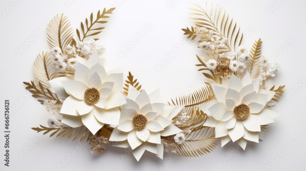A wreath made of paper flowers and leaves A wreath made of paper flowers and leaves