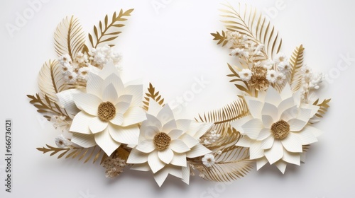 A wreath made of paper flowers and leaves