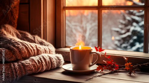 cup of hot drink on windowsill at home, winter