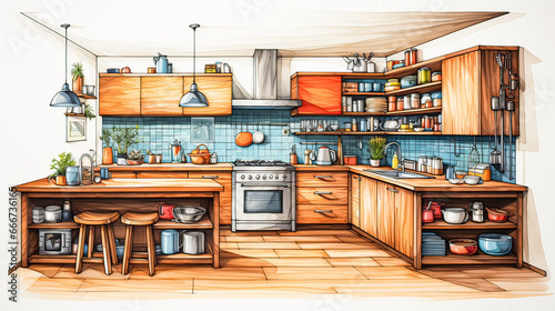 Watercolor art portrays a tastefully designed kitchen, a harmonious fusion of art and design