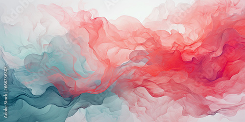 An abstract painting of red and cyan colors.