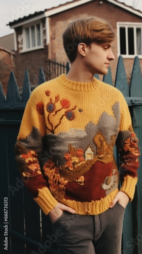 A man standing in front of a fence wearing a sweater