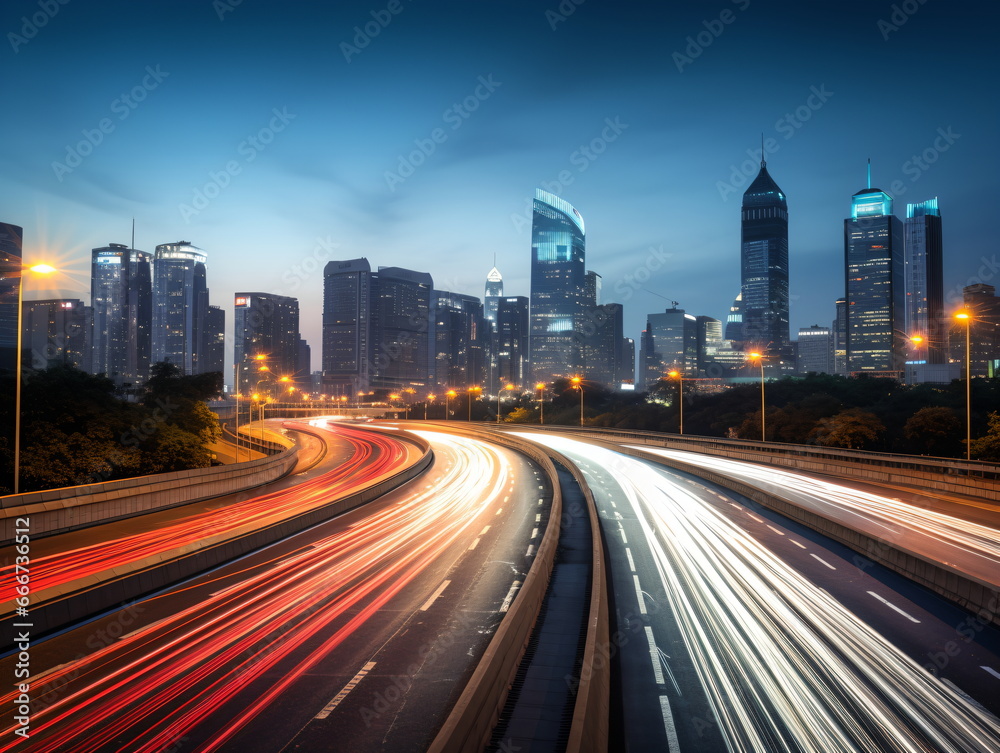 Urban Rush Hour: Evening Traffic on a Highway in the City