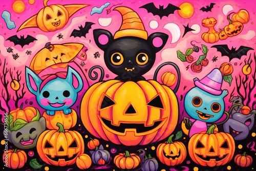 Whimsical Halloween artwork featuring adorable pumpkins, bats, and ghosts on an orange and pink card with a handmade neon painting, set against a white background. Generative AI