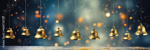 Golden christmas bells, new year background, magic bokeh background with copy space. Winter holidays festive decoration, greeting card. photo