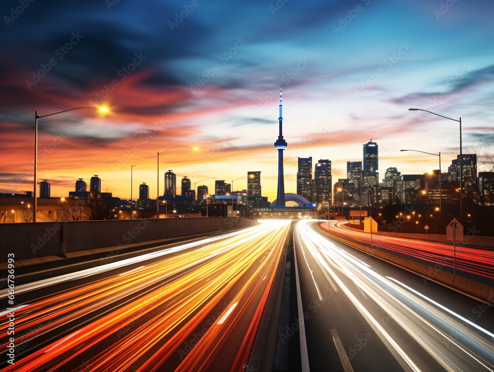 Fototapeta premium Urban Rush Hour: Evening Traffic on a Highway in the City