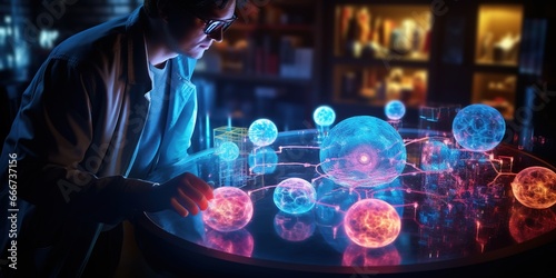 A scientist interacts with a holographic bacteria cell, using AR controls to explore its components