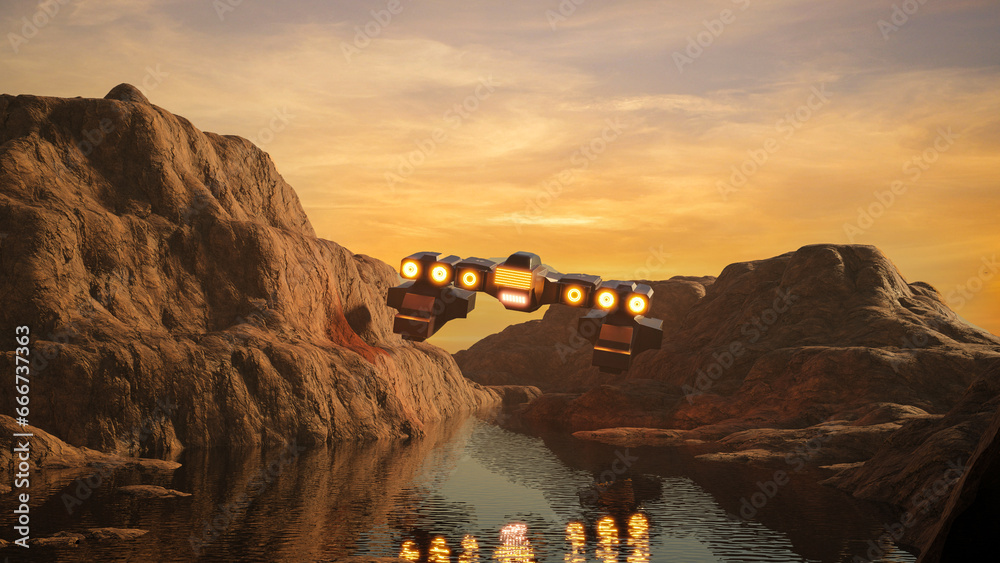 Sci fi spaceship of alien roaming over river. Hill mountain. People ...