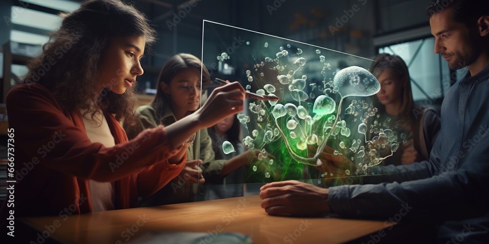 A teacher uses a tablet to project a holographic protozoa, while students with AR wristbands pull up detailed overlays of its life cycle - obrazy, fototapety, plakaty 