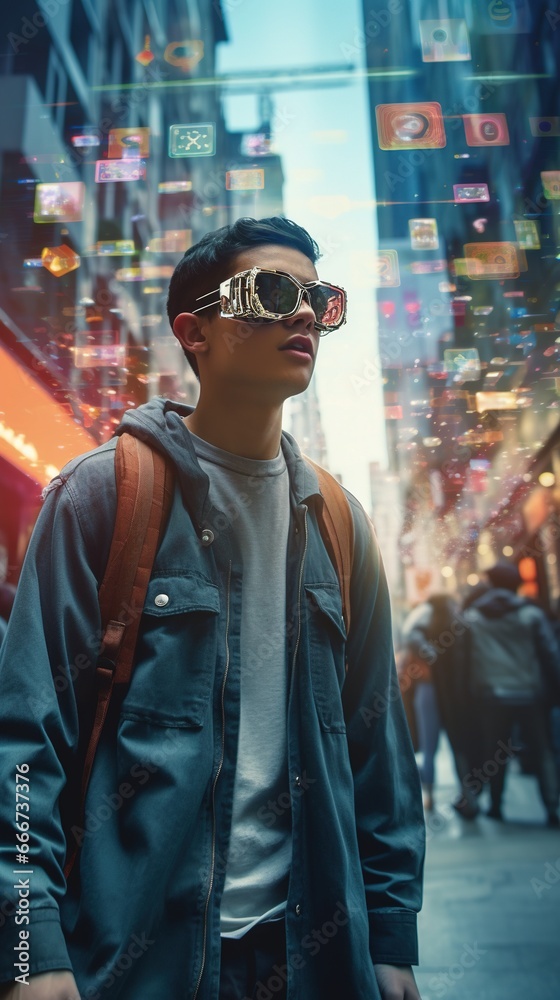 A young man walking on a bustling urban street, his smart glasses displaying holographic navigational arrows and points of interest as augmented reality overlays