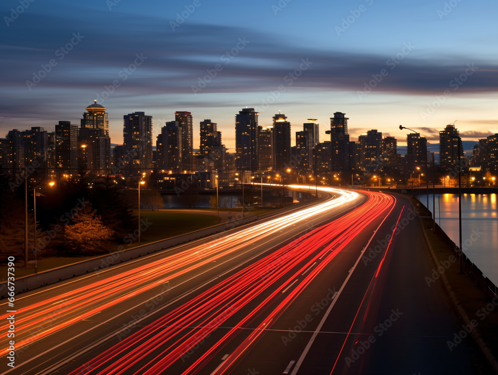Obraz premium Urban Rush Hour: Evening Traffic on a Highway in the City