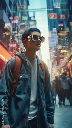 A young man walking on a bustling urban street, his smart glasses displaying holographic navigational arrows and points of interest as augmented reality overlays © EOL STUDIOS