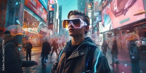 A young man walking on a bustling urban street, his smart glasses displaying holographic navigational arrows and points of interest as augmented reality overlays