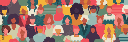 Inclusive crowd of girls and women portraits. Vector and colorful illustration. Separated items, horizontal frame.