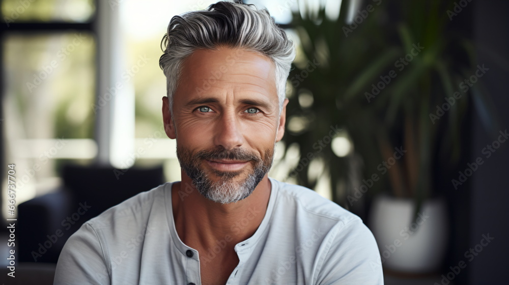 Obraz premium Confident Elegance: Smiling Middle-Aged Caucasian Man