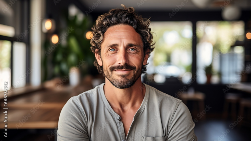 Fototapeta premium Confident Elegance: Smiling Middle-Aged Caucasian Man