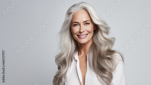 studio portrait of a middle-aged woman. beautiful well-groomed hair 