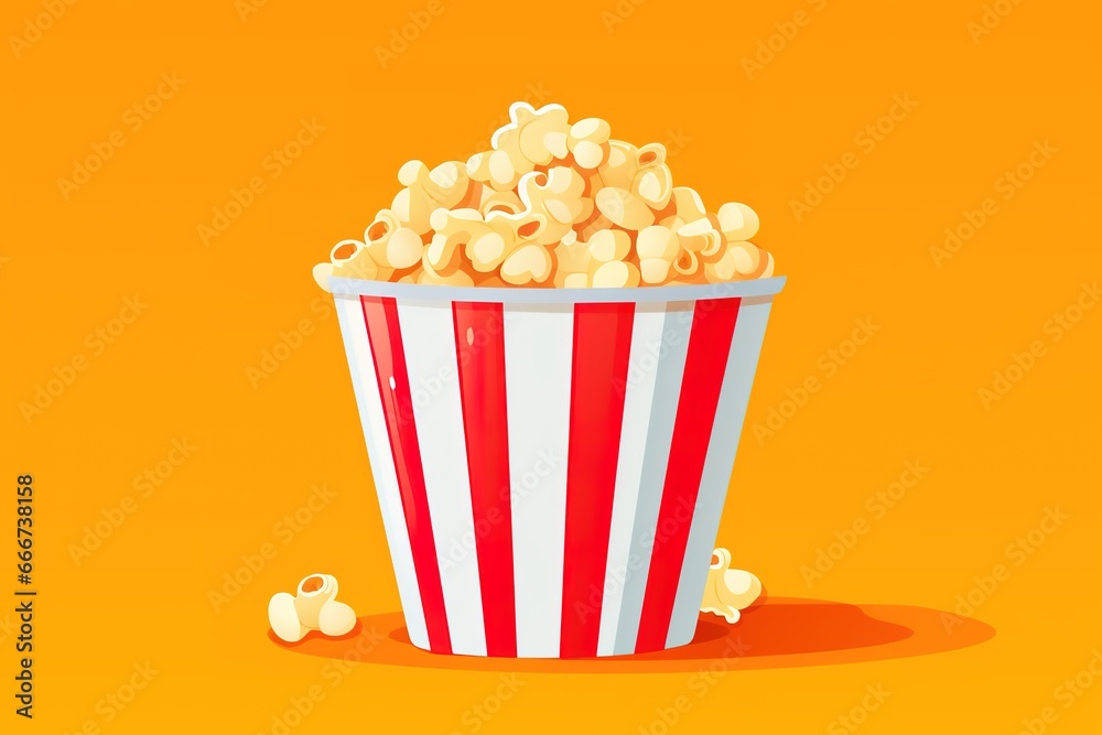 cartoon painted cinema popcorn bowl on yellow background, tasty popcorn red striped carton bucket box. cartoon painted cinema popcorn bowl on yellow background, tasty popcorn red striped carton bucket box.