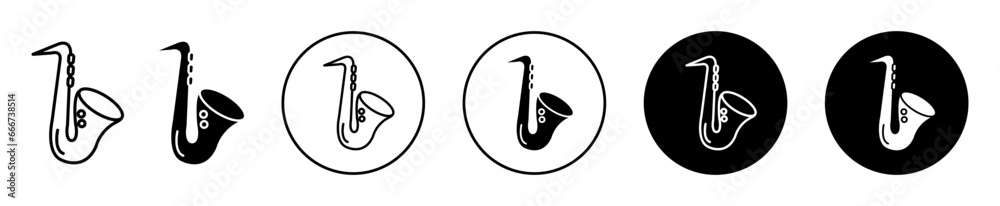 Saxophone icon. classic opera jazz music instrument symbol set. Retro style saxophone or trumpet play at orchestra melody vector sign. rock music play with saxophone line logo - obrazy, fototapety, plakaty 