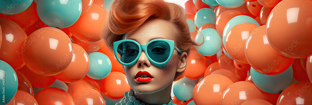 Piękna rudowłosa dziewczyna w pastelowych okularach z kolorowymi balonami w tle.  - obrazy, fototapety, plakaty 