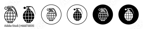 Fragmentation grenade icon. Military hand grenade bomb with pin symbol set. Fragmentation of explosive ammo vector sign. Combat Hand grenade line logo 