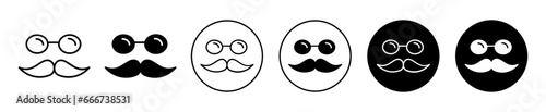 Glasses and mustache icon. men with sunglasses and moustache symbol set. ocular male or hipster father in retro style glassed and mustache vector sign. nerd daddy with mustache line logo