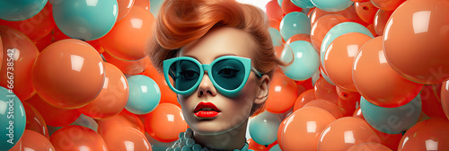 Piękna rudowłosa dziewczyna w pastelowych okularach z kolorowymi balonami w tle. 