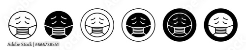 Emoticon with medical mask icon. protective face mask from virus emoji symbol set. ill or sick facial mask for safety vector sign. Smiley face emoji with medical mask line logo