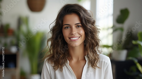 Free Download Radiant Charm: Smiling Young Caucasian Woman with Curly Hair in a Living Room - GFXLoad