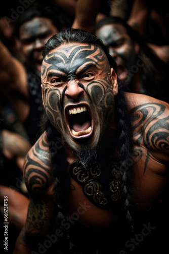 A group of men with tattoos on their faces. Maori haka is a traditional war dance.