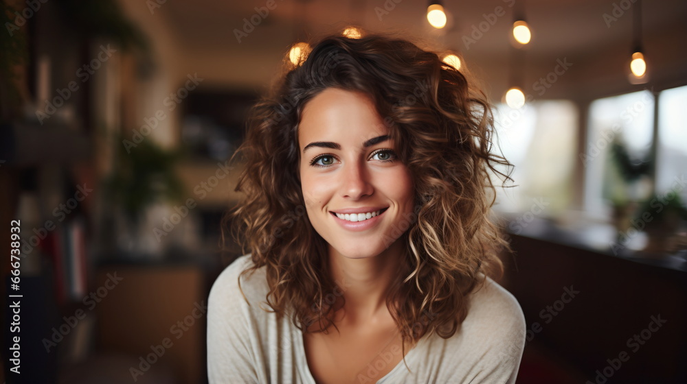 Radiant Charm: Smiling Young Caucasian Woman with Curly Hair in a Living Room Radiant Charm: Smiling Young Caucasian Woman with Curly Hair in a Living Room