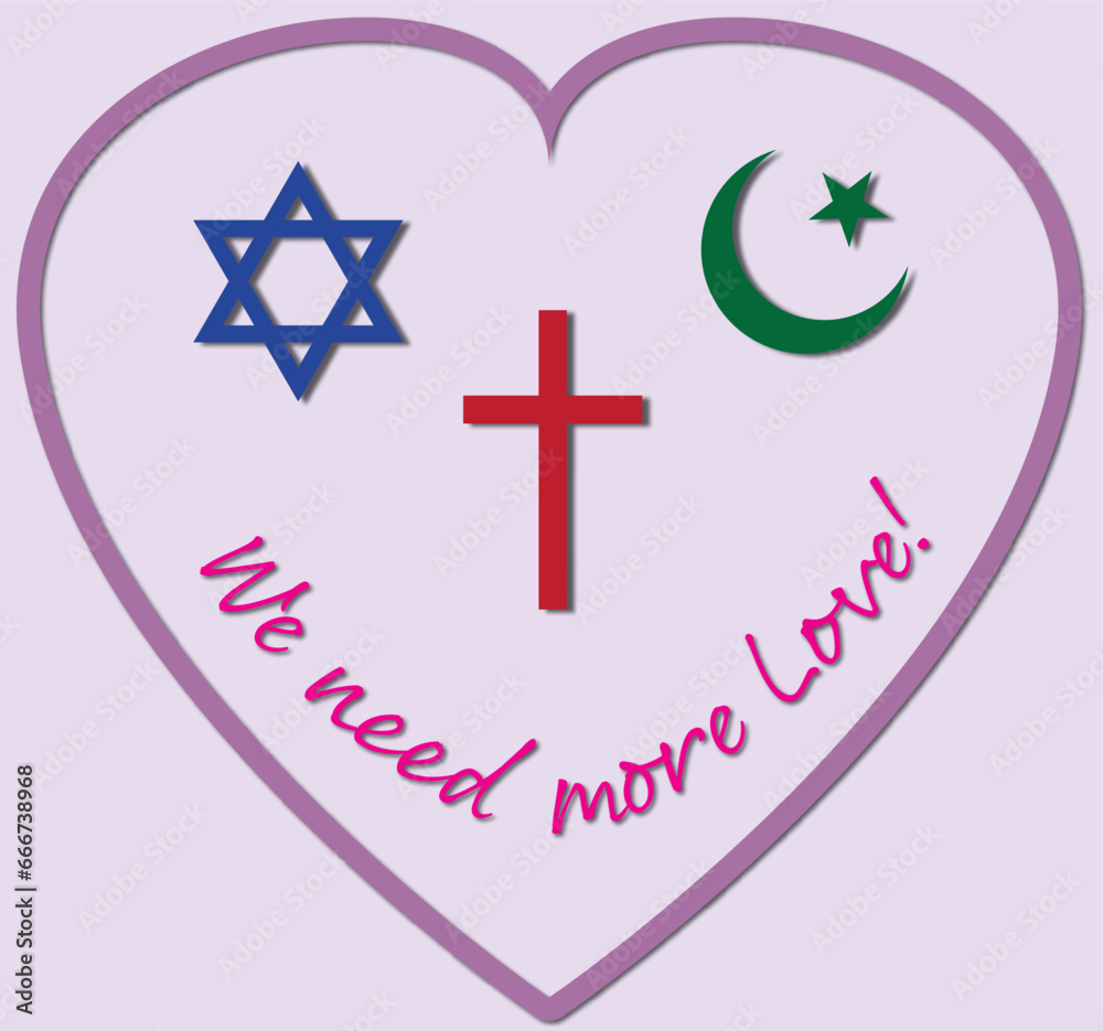 Obraz premium Heart with Christian Hebrew and Islamic religion signs in cmyk vector illustration isolated, We need more love