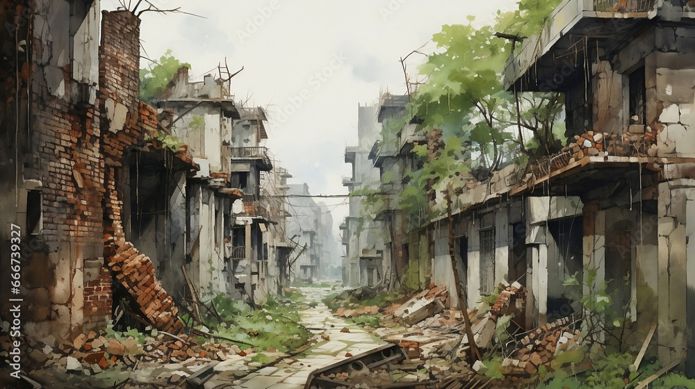 Urban Decay: Digital Painting of Dilapidated City Street with Crumbling Buildings - Perfect for Post-Apocalyptic Themes, Video Game Backgrounds, and Urban Exploration Narratives