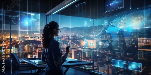 A businesswoman in a sleek, modern office, gesturing to floating holographic data streams and augmented reality panels displaying charts and analytics, the skyline of a futuristic city visible