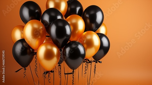 Black and orange airbals holiday decoration on orange background. Copy paste place. AI generated