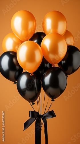 Black and orange airbals holiday decoration on orange background. AI generated